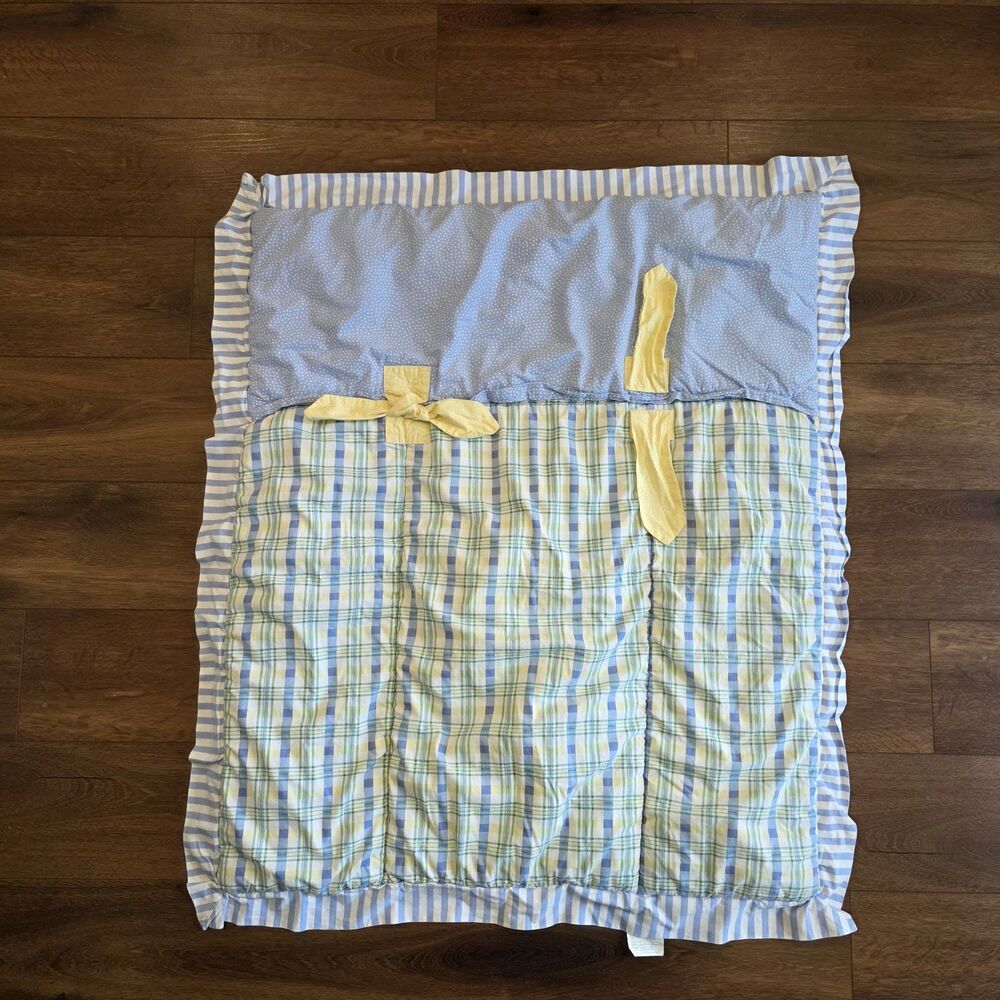 Waverly Baby Crib Comforter Blue Yellow Plaid 36" x 42" Stripes Dots Vintage 90s